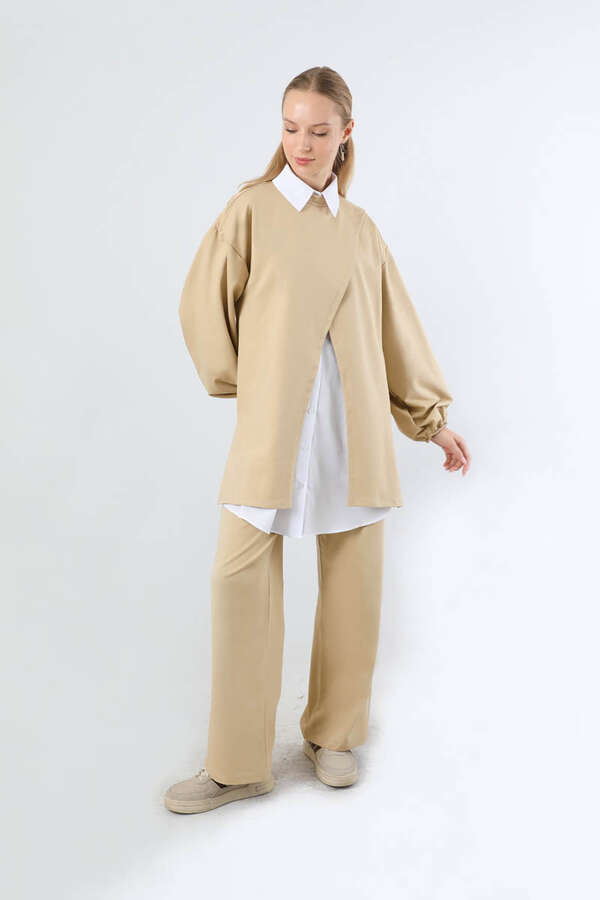 Asimetrik Gömlekli Tunik Takım Bej - 5