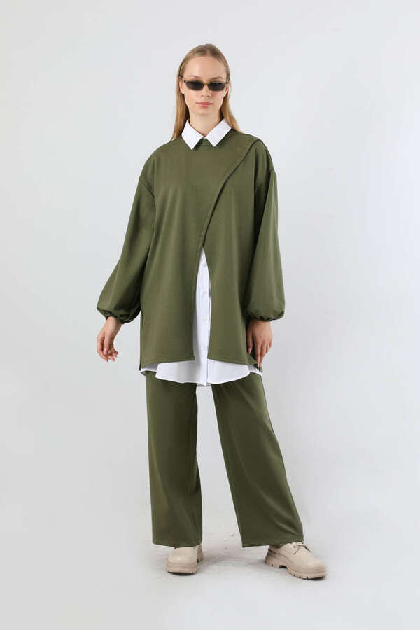 Asimetrik Gömlekli Tunik Takım Haki - 1