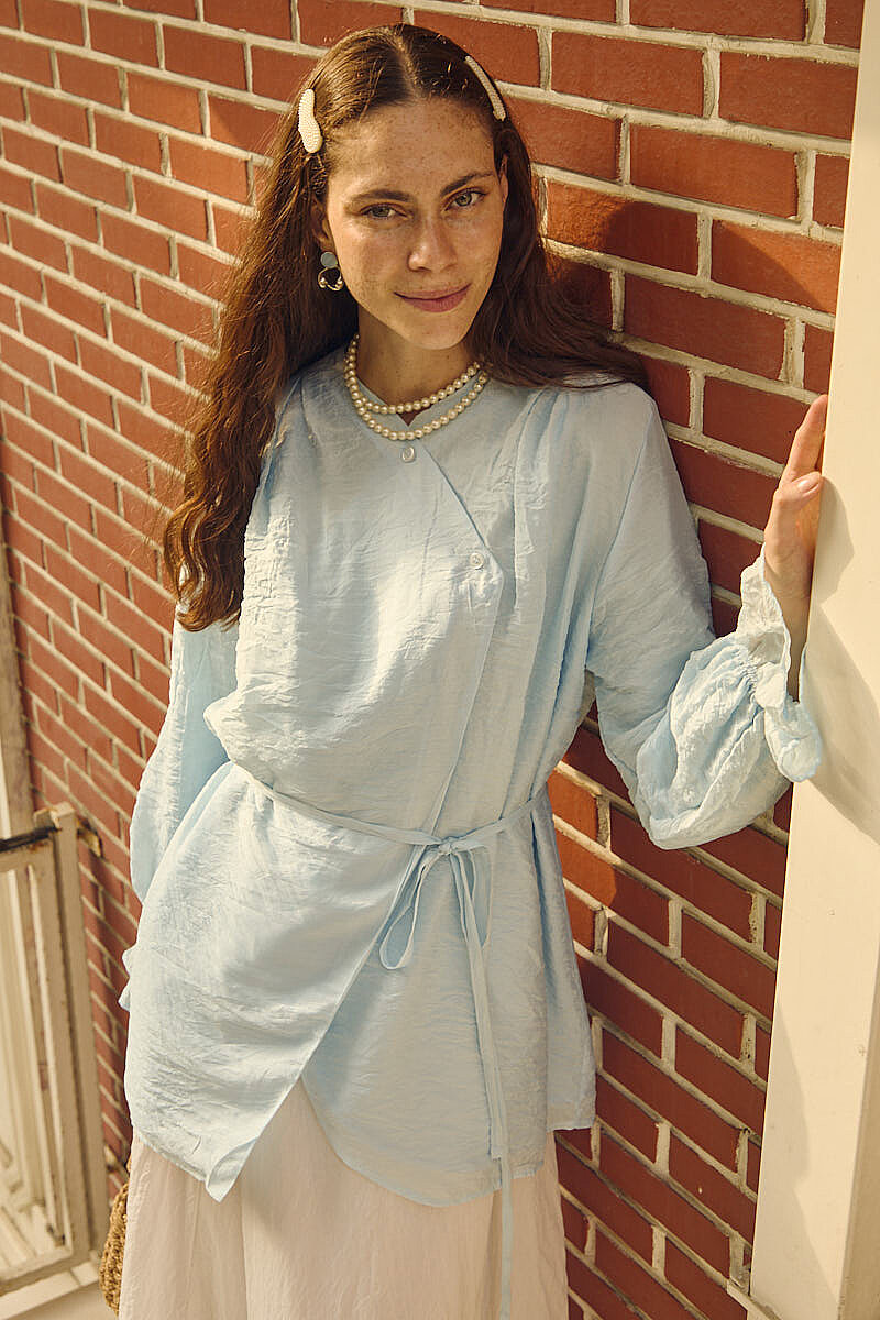 Asimetrik Kruvaze Tencel Gömlek Mavi - 3