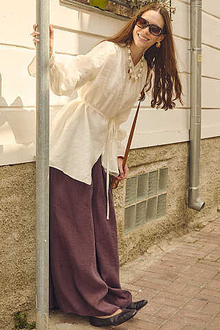 Asimetrik Kruvaze Tencel Gömlek Taş - 5