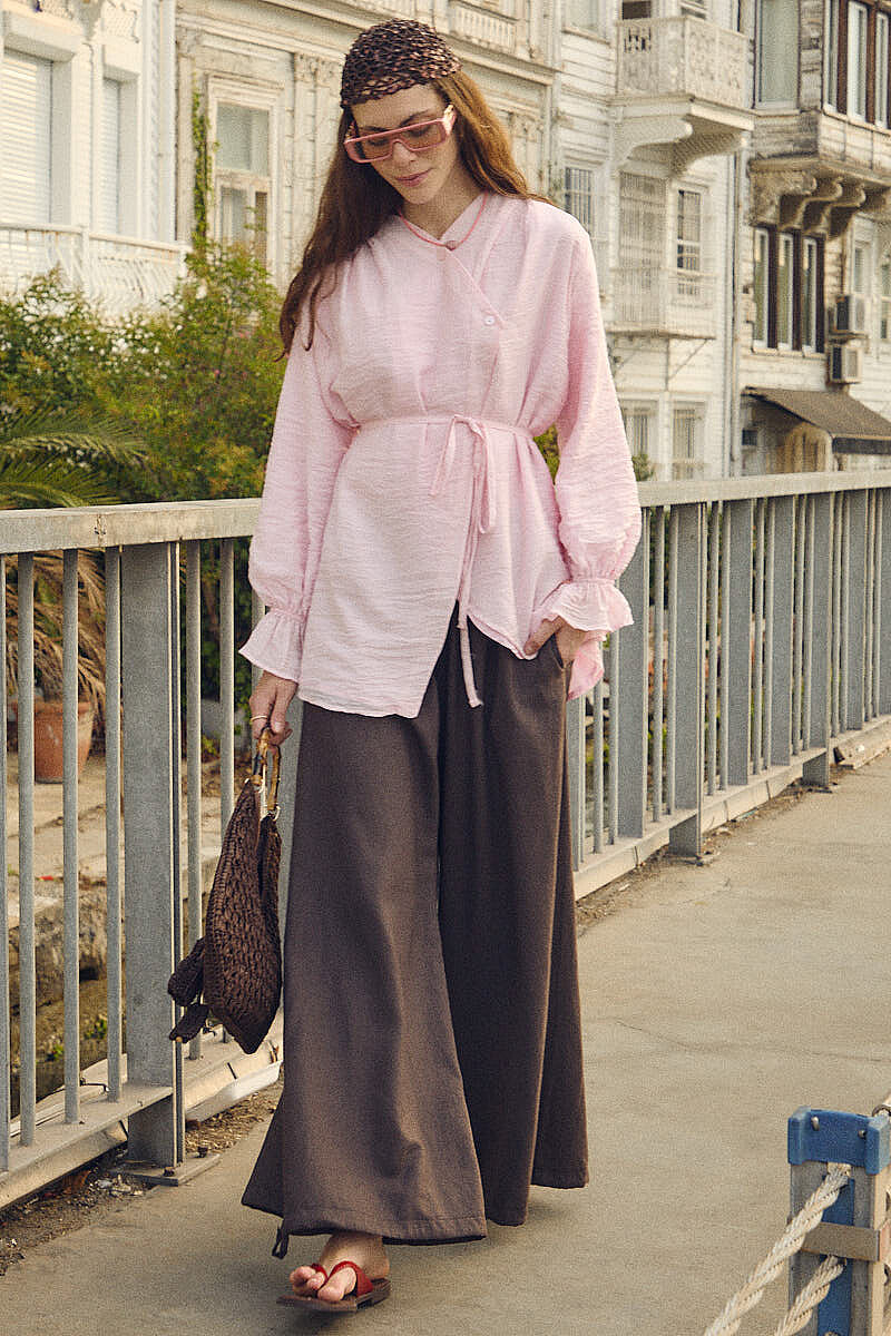 Asimetrik Kruvaze Tencel Gömlek Toz Pembe - 2