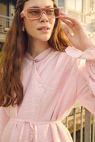 Asimetrik Kruvaze Tencel Gömlek Toz Pembe - 5