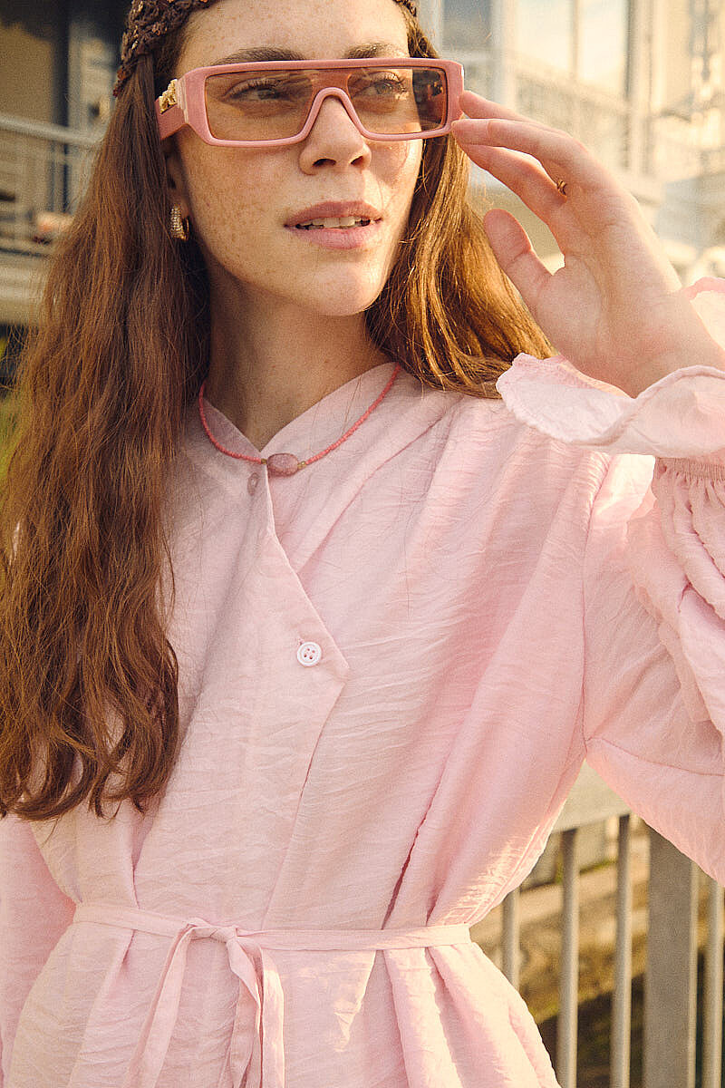 Asimetrik Kruvaze Tencel Gömlek Toz Pembe - 5