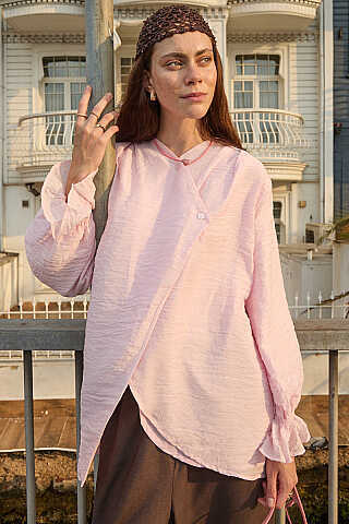 Asimetrik Kruvaze Tencel Gömlek Toz Pembe - 6