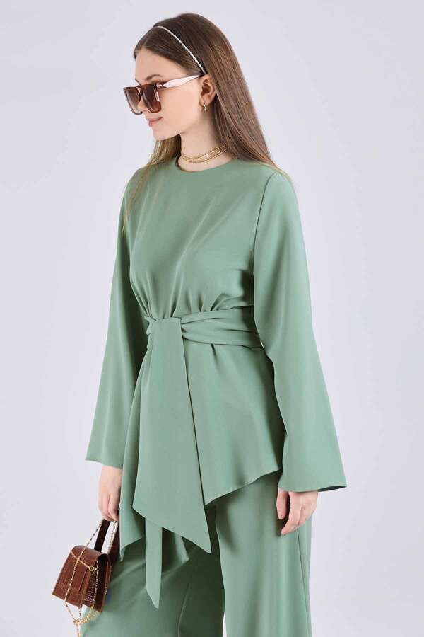 Asimetrik Kuşaklı Tunik Takım Mint - 4