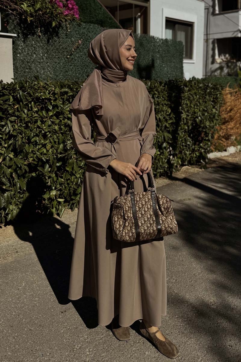 Asimetrik Nervür Detaylı Elbise Vizon