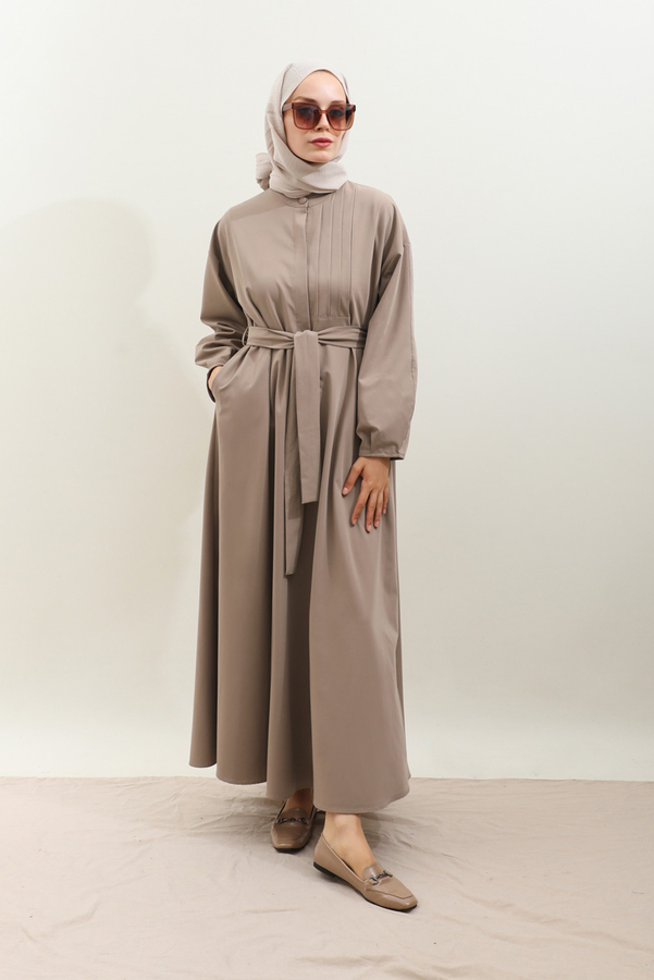 Asimetrik Nervür Detaylı Elbise Vizon - 3