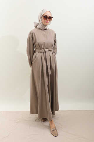 Asimetrik Nervür Detaylı Elbise Vizon - 4