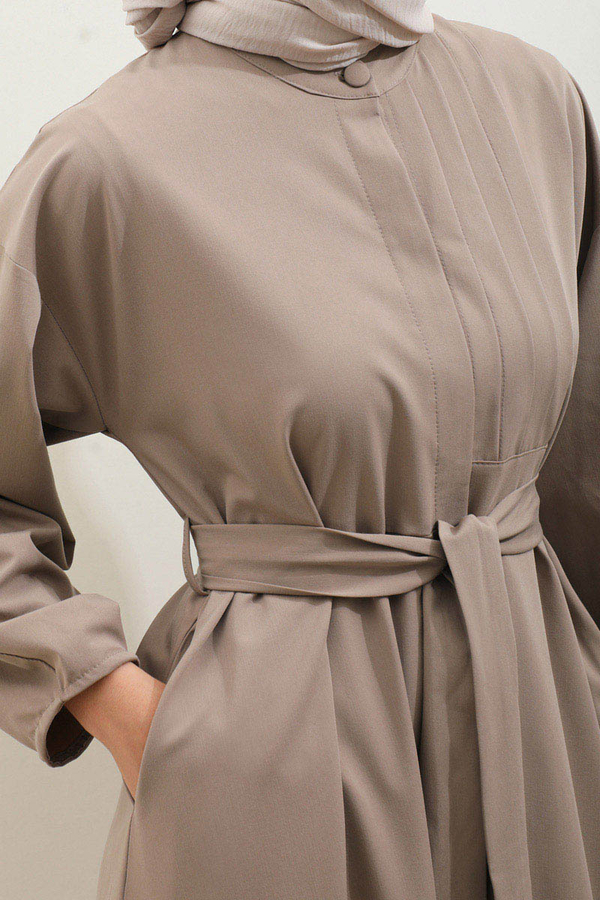 Asimetrik Nervür Detaylı Elbise Vizon - 10