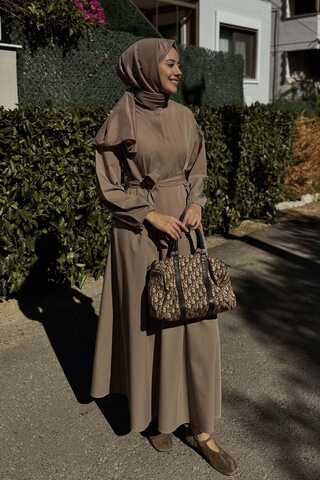 Asimetrik Nervür Detaylı Elbise Vizon - 1