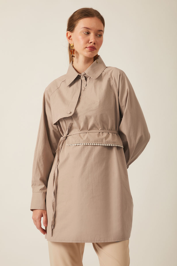 Asimetrik Poplin Gömlek Açık Camel - 3