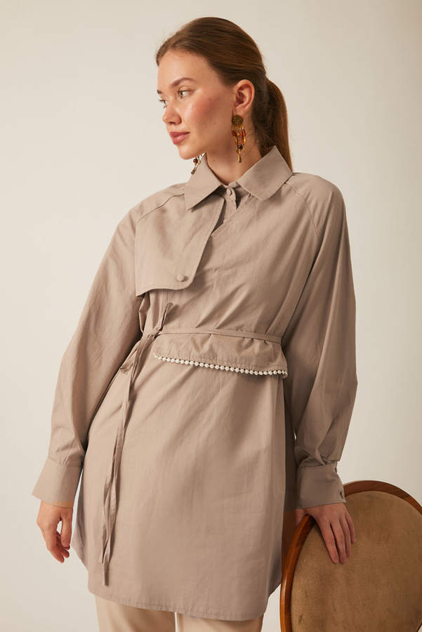 Asimetrik Poplin Gömlek Açık Camel - 8