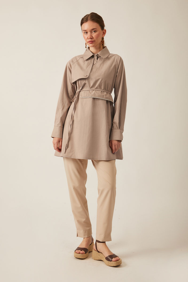 Asimetrik Poplin Gömlek Açık Camel