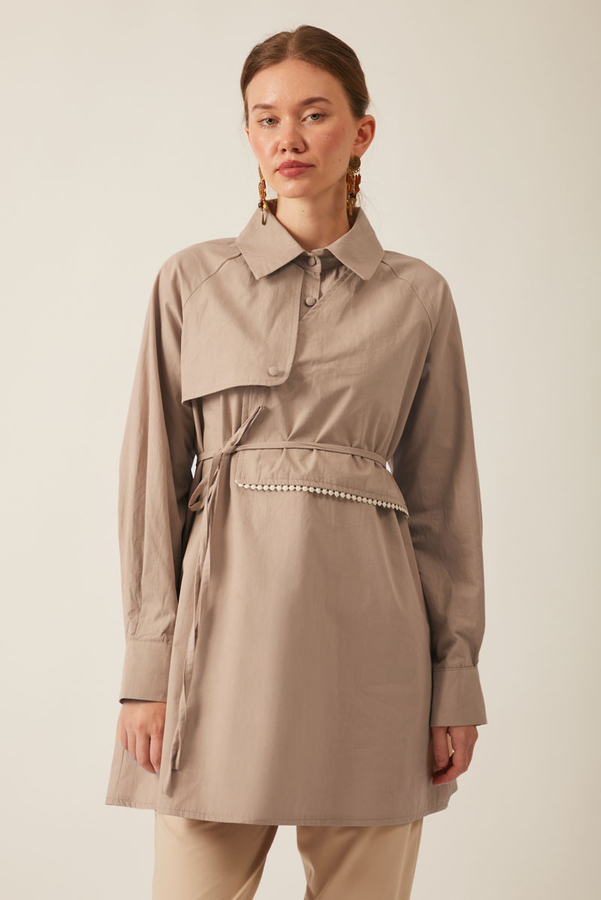 Asimetrik Poplin Gömlek Açık Camel - 2