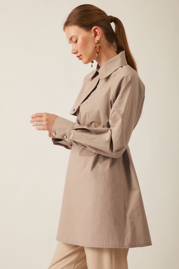 Asimetrik Poplin Gömlek Açık Camel - 5
