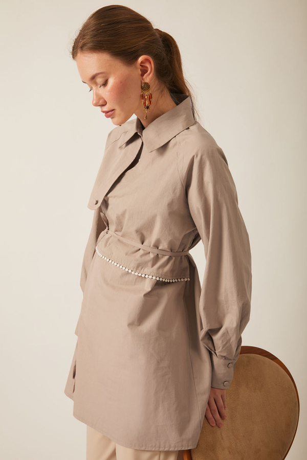 Asimetrik Poplin Gömlek Açık Camel - 11