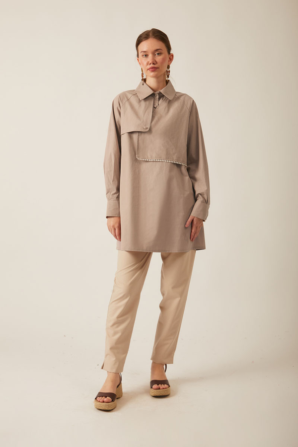 Asimetrik Poplin Gömlek Açık Camel - 14