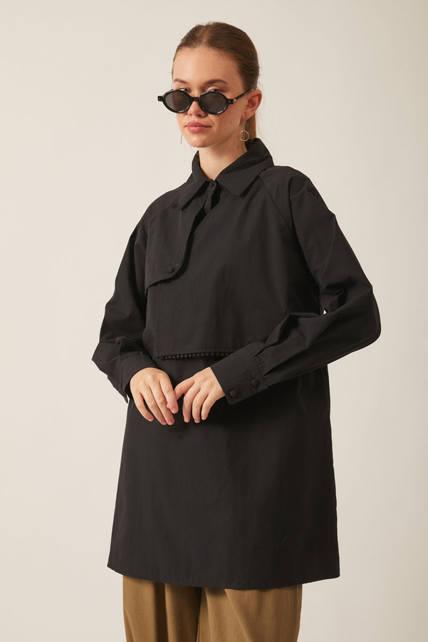 Asimetrik Poplin Gömlek Siyah - 1