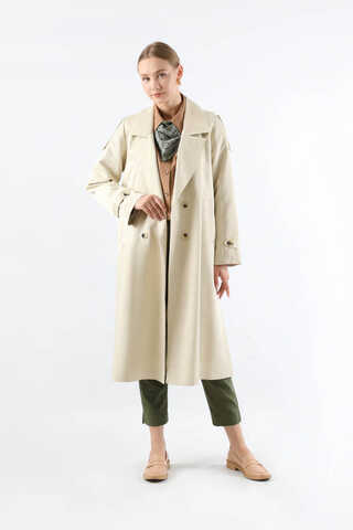 Asimetrik Rüzgarlıklı Düğmeli Trençkot Ekru - 1