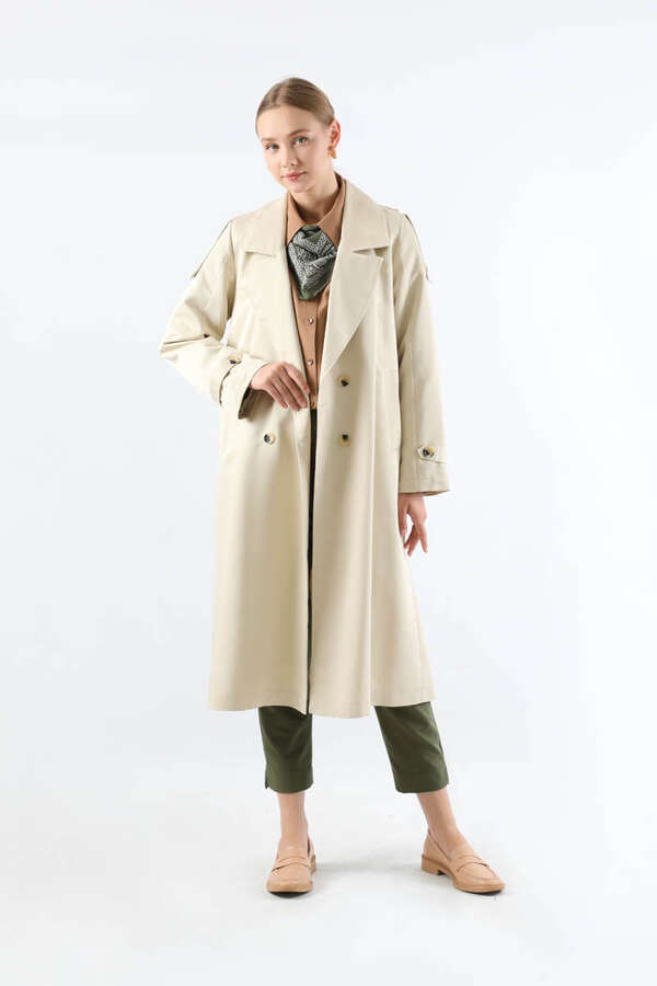 Asimetrik Rüzgarlıklı Düğmeli Trençkot Ekru - 1