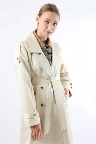 Asimetrik Rüzgarlıklı Düğmeli Trençkot Ekru - 2