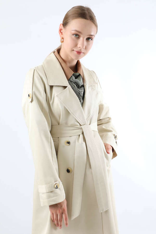 Asimetrik Rüzgarlıklı Düğmeli Trençkot Ekru - 2