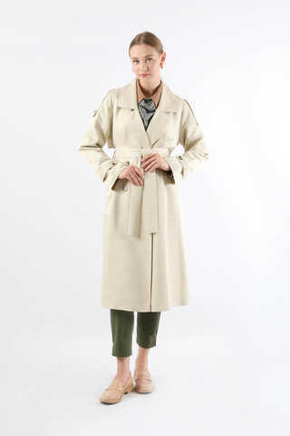 Asimetrik Rüzgarlıklı Düğmeli Trençkot Ekru - 3