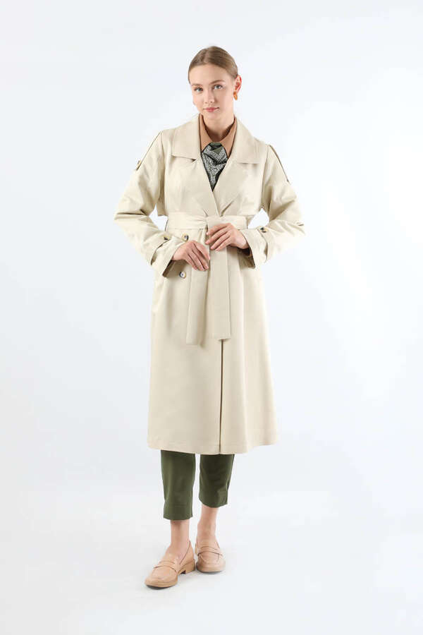 Asimetrik Rüzgarlıklı Düğmeli Trençkot Ekru - 3