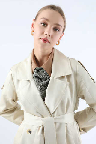 Asimetrik Rüzgarlıklı Düğmeli Trençkot Ekru - 4