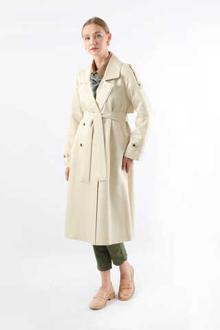 Asimetrik Rüzgarlıklı Düğmeli Trençkot Ekru - 5