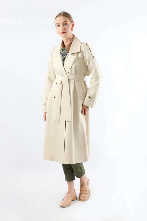 Asimetrik Rüzgarlıklı Düğmeli Trençkot Ekru - 5