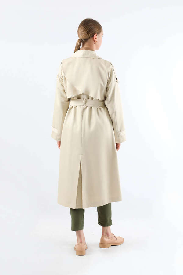 Asimetrik Rüzgarlıklı Düğmeli Trençkot Ekru - 6