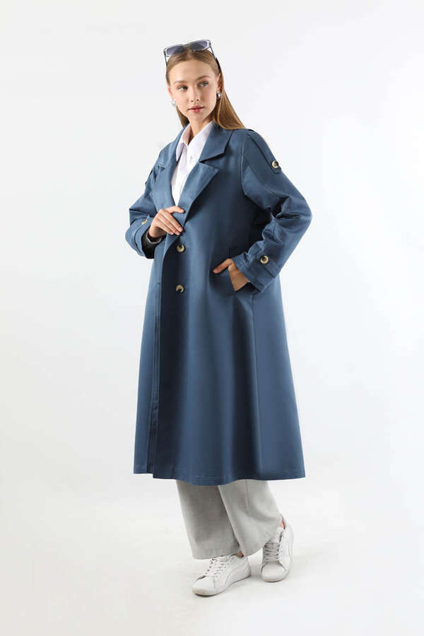 Asimetrik Rüzgarlıklı Düğmeli Trençkot İndigo - 1