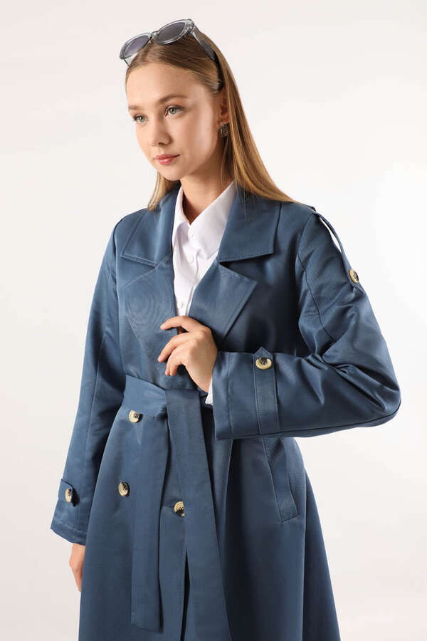 Asimetrik Rüzgarlıklı Düğmeli Trençkot İndigo - 2