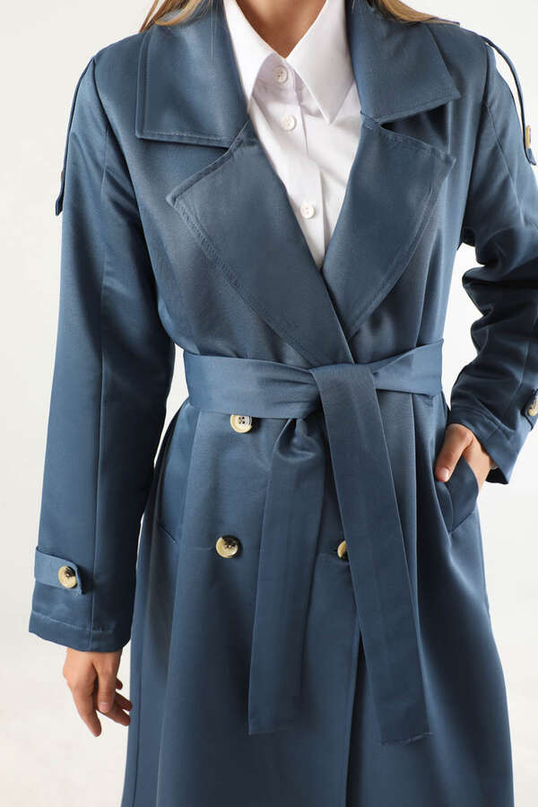 Asimetrik Rüzgarlıklı Düğmeli Trençkot İndigo - 4
