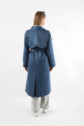 Asimetrik Rüzgarlıklı Düğmeli Trençkot İndigo - 6