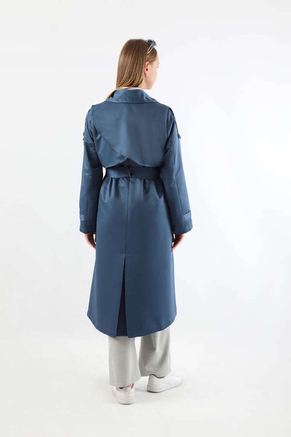 Asimetrik Rüzgarlıklı Düğmeli Trençkot İndigo - 6