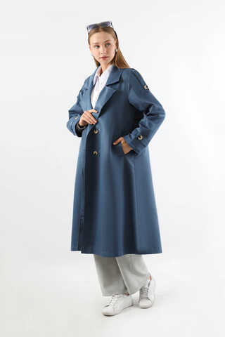 Asimetrik Rüzgarlıklı Düğmeli Trençkot İndigo - 1