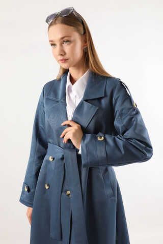 Asimetrik Rüzgarlıklı Düğmeli Trençkot İndigo - 2