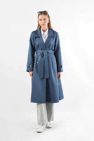 Asimetrik Rüzgarlıklı Düğmeli Trençkot İndigo - 3