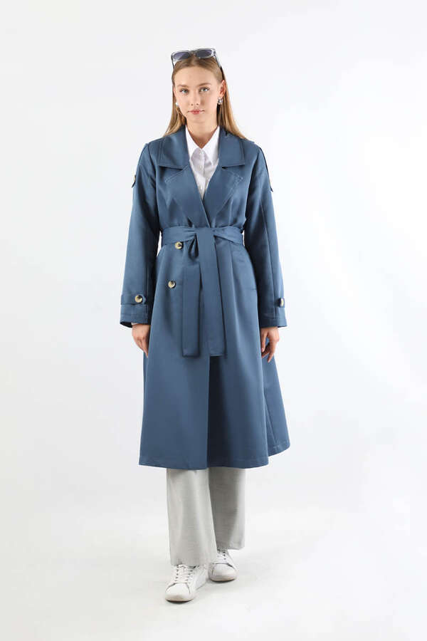 Asimetrik Rüzgarlıklı Düğmeli Trençkot İndigo - 3