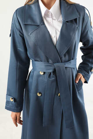 Asimetrik Rüzgarlıklı Düğmeli Trençkot İndigo - 4