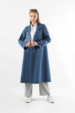 Asimetrik Rüzgarlıklı Düğmeli Trençkot İndigo - 5