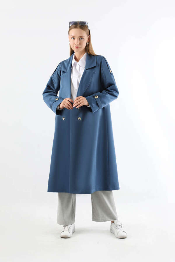 Asimetrik Rüzgarlıklı Düğmeli Trençkot İndigo - 5
