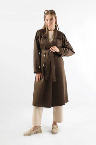 Asimetrik Rüzgarlıklı Düğmeli Trençkot Kahve - 1