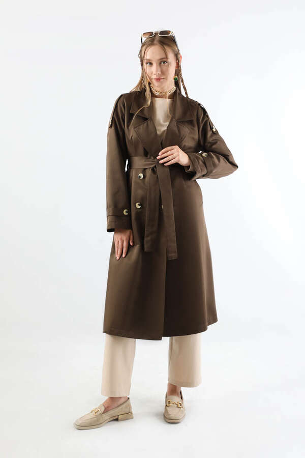 Asimetrik Rüzgarlıklı Düğmeli Trençkot Kahve 