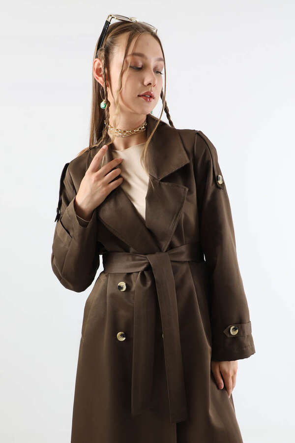 Asimetrik Rüzgarlıklı Düğmeli Trençkot Kahve - 2