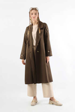 Asimetrik Rüzgarlıklı Düğmeli Trençkot Kahve - 3