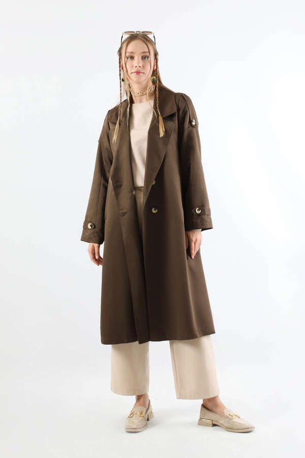 Asimetrik Rüzgarlıklı Düğmeli Trençkot Kahve - 3