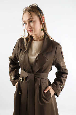 Asimetrik Rüzgarlıklı Düğmeli Trençkot Kahve - 5